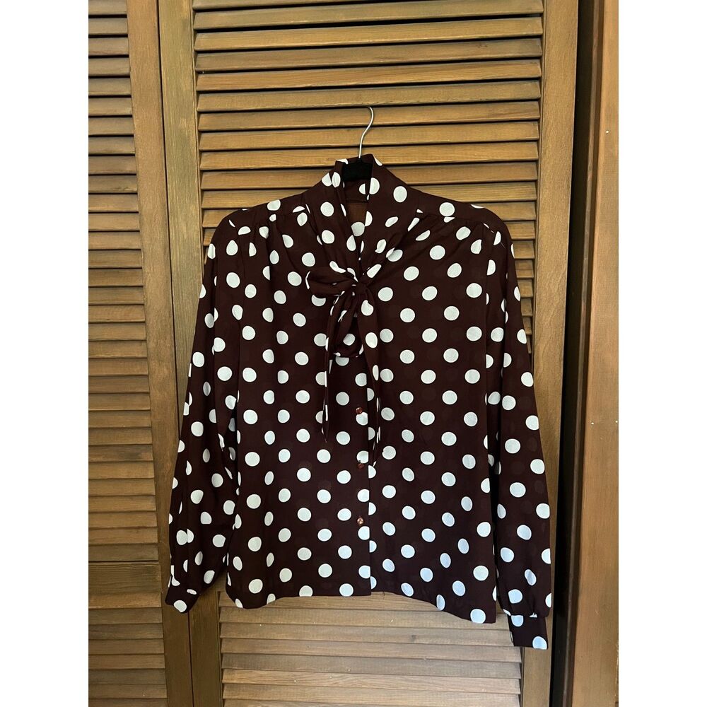 Vintage 70s Brown White Polka Dot Secretary Blouse Bow Tie Neck S M